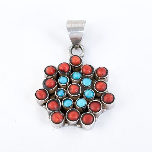 Vintage Sterling Silver 925 4cm Turquoise Coral Cluster Pendant - Picture 2 of 7